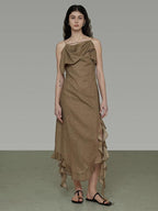 unspoken Cotton High Waist Irregular Hem Minimal Work Strappy Brown Maxi Dresses