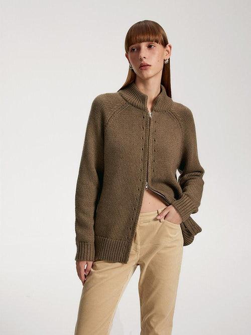 someone sometimes Acrylic Wool Blend Stand Collar Open Front Commuter Knit Brown Cardigans
