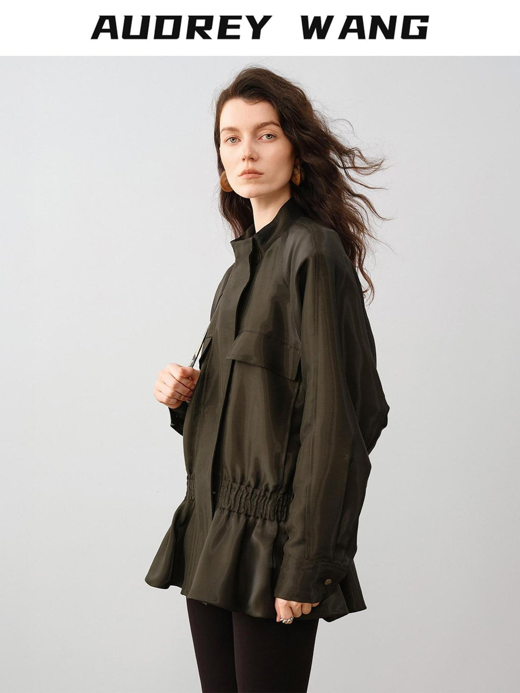 audreyyang Drawstring Techwear Loose Fit Womens Long Sleeve Button Cropped Jackets