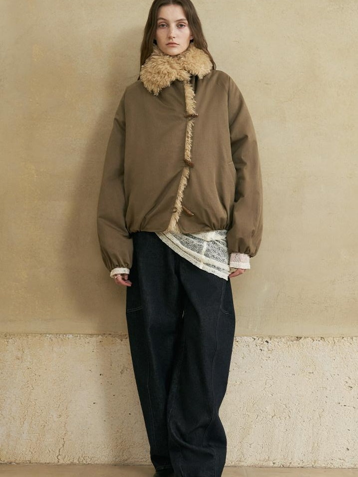 someonesometimes Cozy Commuter Cotton Blend Relaxed Short Collar Gray Brown Olive Puffer Jackets