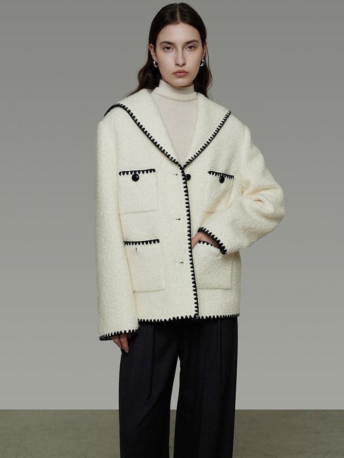 unspoken Lambswool Blend Tailored Loose Minimal Notch Collar Officewear Women Wool Coats