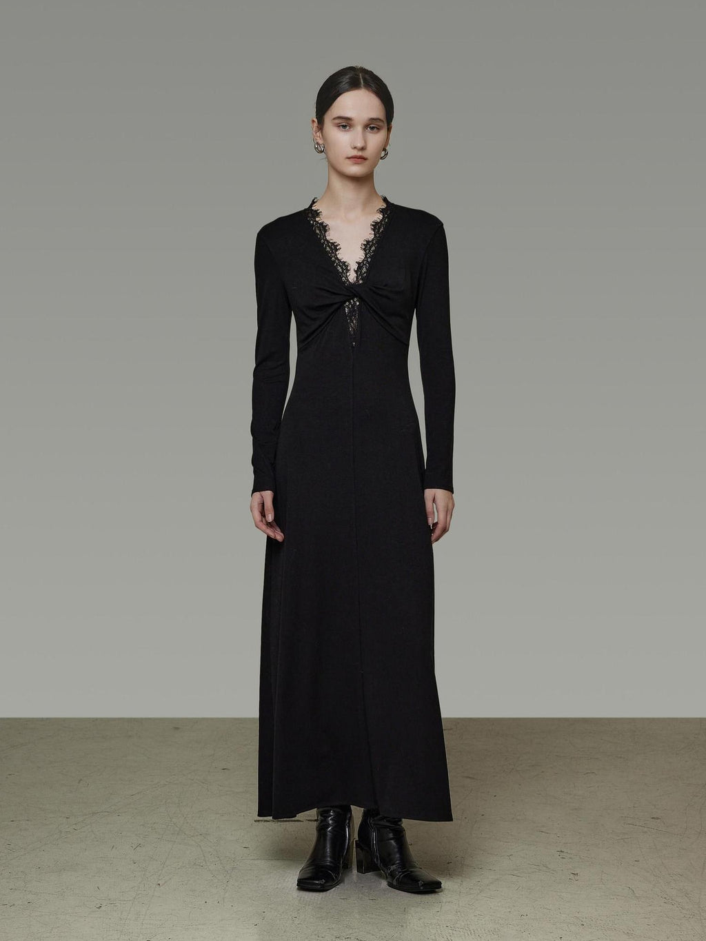 unspoken Lyocell Knit Lace Trim Fitted Waist Minimal Commuter V-neck Maxi Dresses