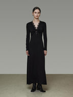 unspoken Lyocell Knit Lace Trim Fitted Waist Minimal Commuter V-neck Maxi Dresses