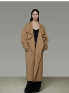 unspoken Thick 100 Percent Sheep Wool Long Loose Lapel Minimalist Sand Brown Wool Coats