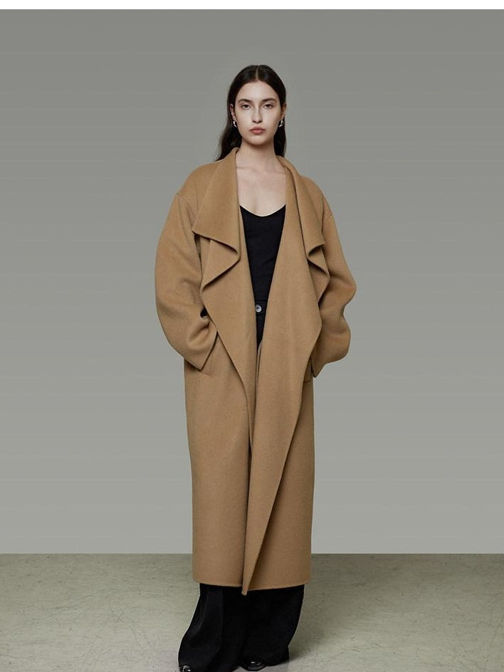 unspoken Thick 100 Percent Sheep Wool Long Loose Lapel Minimalist Sand Brown Wool Coats