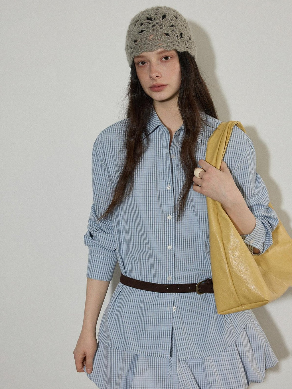 Lofi choose Comfortable Loose Plaid Button Collar Long Sleeve Women Workwear Midi Dresses