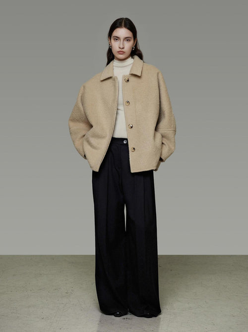 unspoken 3D Tailored Minimalist Loose Fit Office Lapel Single Breasted Camel Short Coat