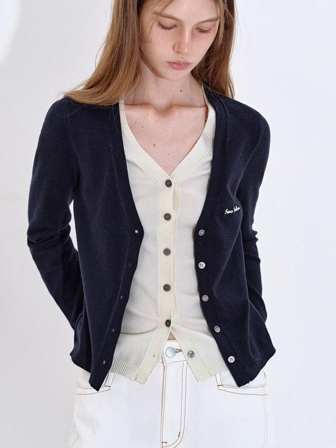 fano Embroidered Letter Slim V-neck Button For Teen Girls Navy Knit Cardigans