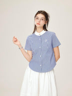 ikyou Embroidered Patchwork Straight Fit Stand Collar Short Sleeve Blue Button Blouses