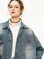 ikyou Shape Retaining Vintage Loose 3D Detail Women Midlength Blue Denim Jackets