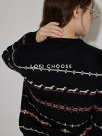 Lofi choose Stretch Animal Print Loose Casual Long Sleeve Crew Neck Women Black Cardigans