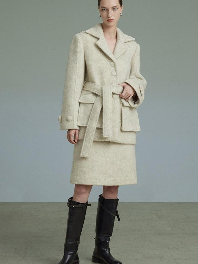 unspoken Porcelain White Wool Blend Minimal Office Single Breasted Notch Top & Skirt Sets