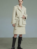 unspoken Porcelain White Wool Blend Minimal Office Single Breasted Notch Top & Skirt Sets