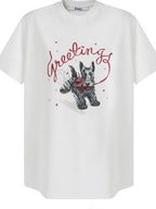fano Cotton Blend Korean Loose Fit Crewneck Women White Printed Short Sleeve T-Shirts