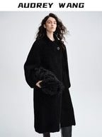 audreyyang Warm Thick Vintage Loose Fit Stand Collar Lambswool Trim Women Black Wool Coats