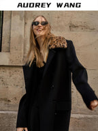 audreyyang 100% Sheep Wool Double Breasted Midlength Straight Women Black Wool Coats