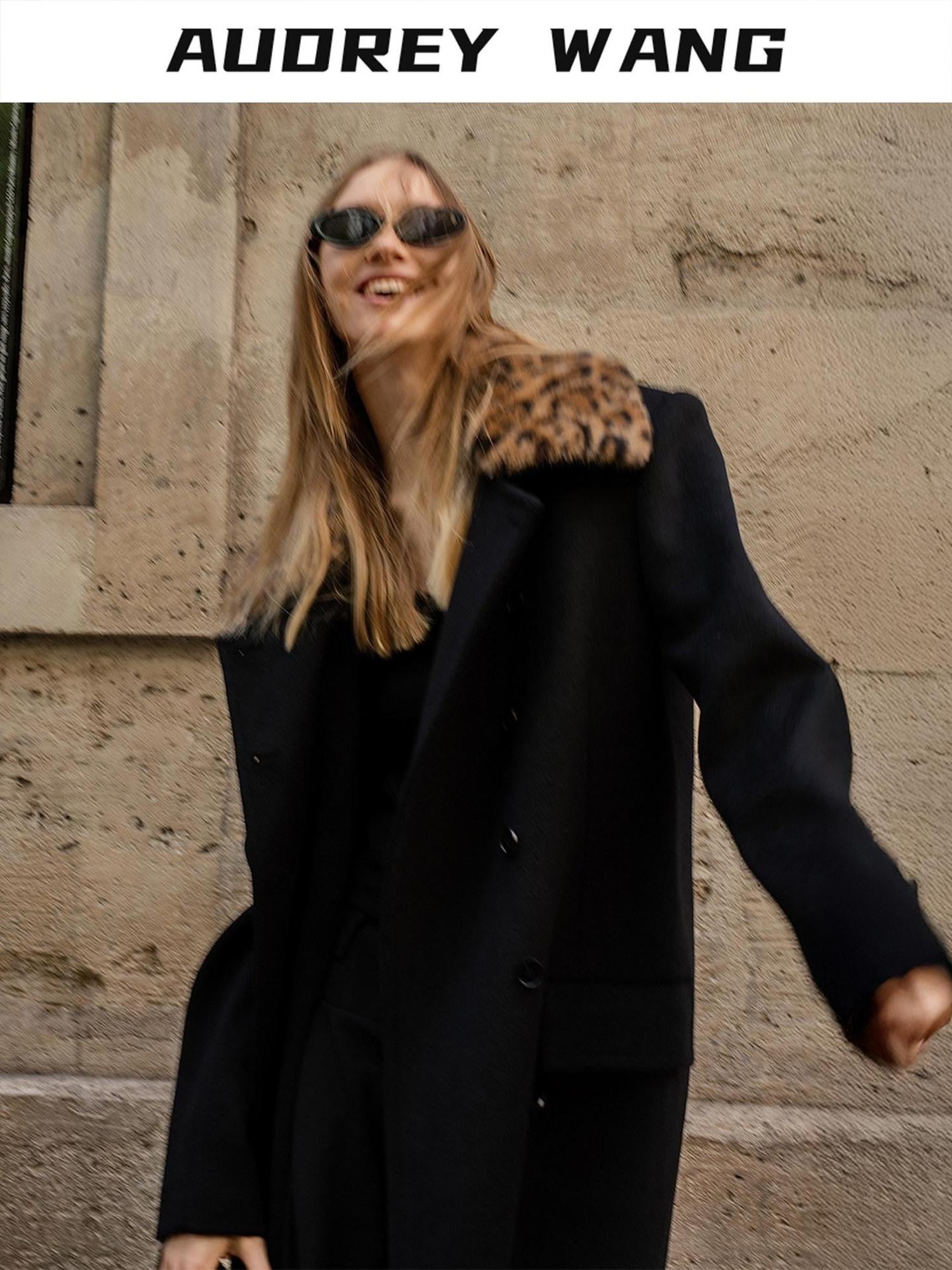 audreyyang 100% Sheep Wool Double Breasted Midlength Straight Women Black Wool Coats