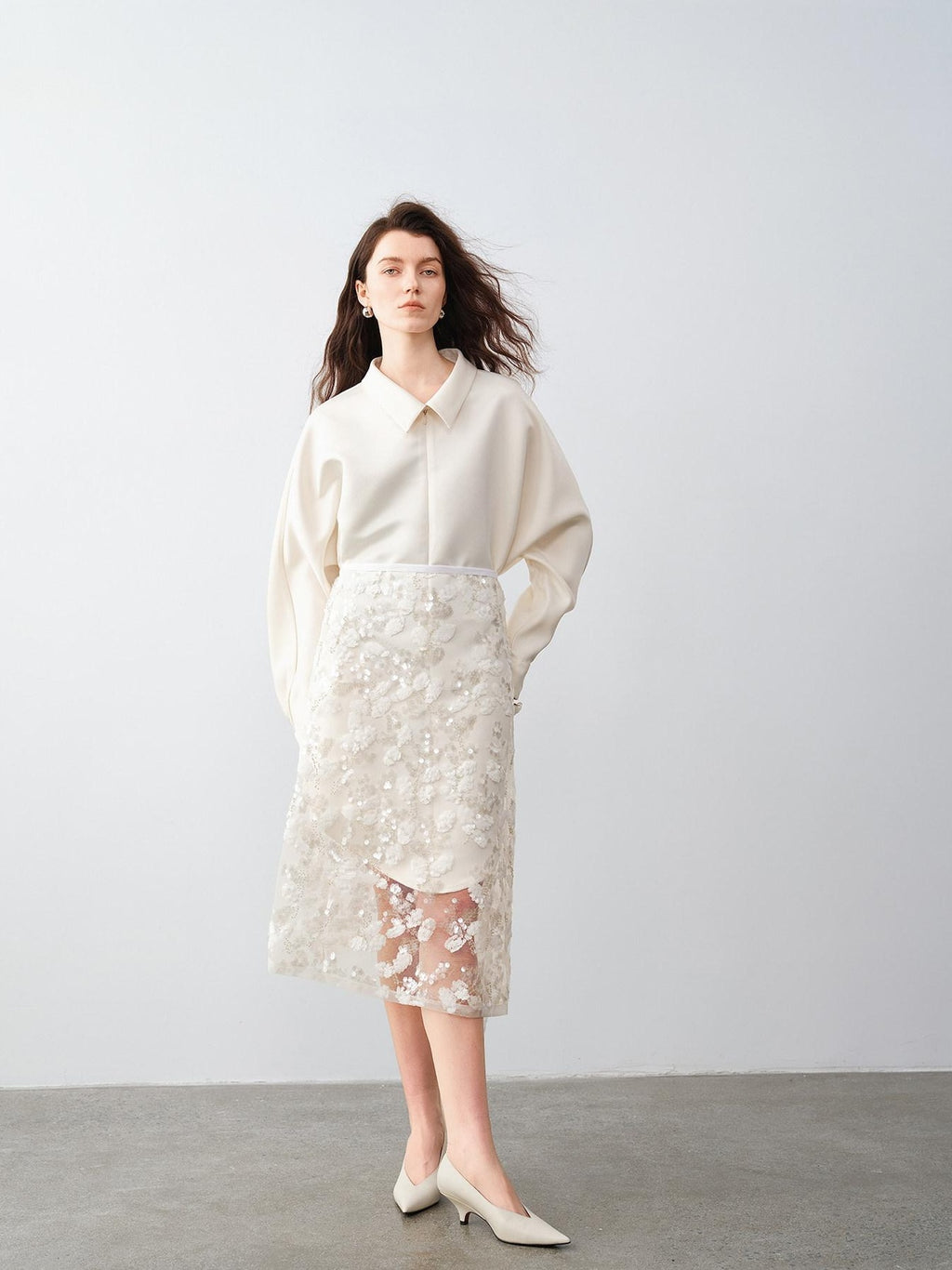 audreyyang Shimmering Sequin Lace Asymmetrical Mid Rise Tie Waist Women White Midi Skirts