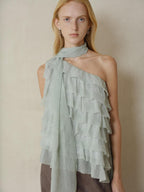 someonesometimes Sheer Mesh Wave Tie Lightweight Workwear Women Mint Green Off Shoulder Crop Tops