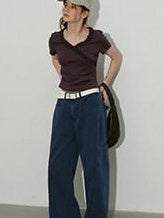 Lofi choose High Waist Washed Cotton Loose Office Women Waterwash Blue Wide Leg Jeans