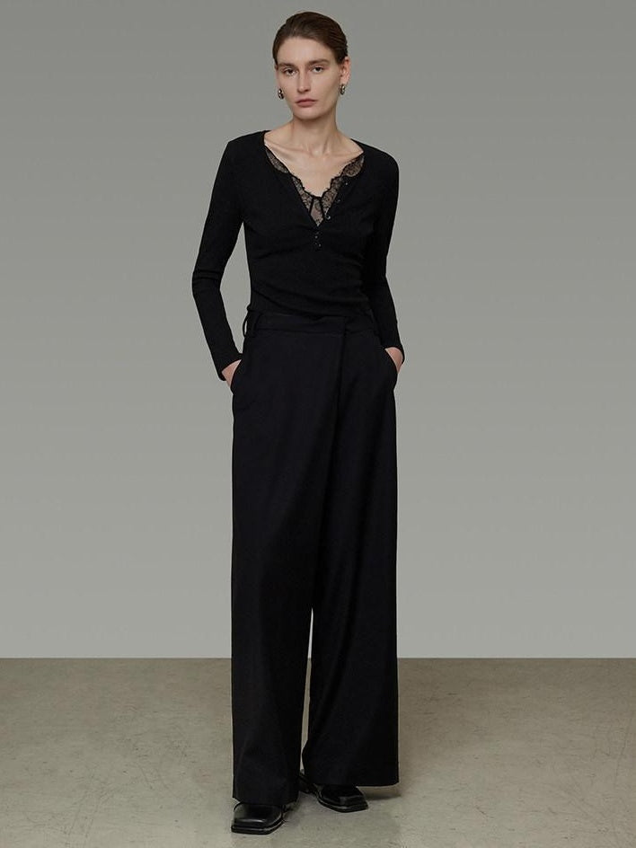 unspoken Viscose Knit Casual Slim Lace Trim Women V-neck Long Sleeve Black Blouses