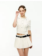 ikyou Rhinestone Lace Hollowout 3D Detail Minimal Commuter Slim Crop Knitwear Sweaters