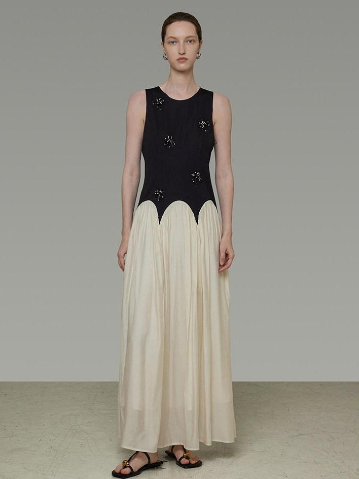unspoken Elegant Beaded High Waist A Line Sleeveless Office Polyester Maxi Dresses