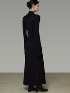 unspoken Soft Breathable Viscose Knit High Waist Aline Slim Black Maxi Dresses
