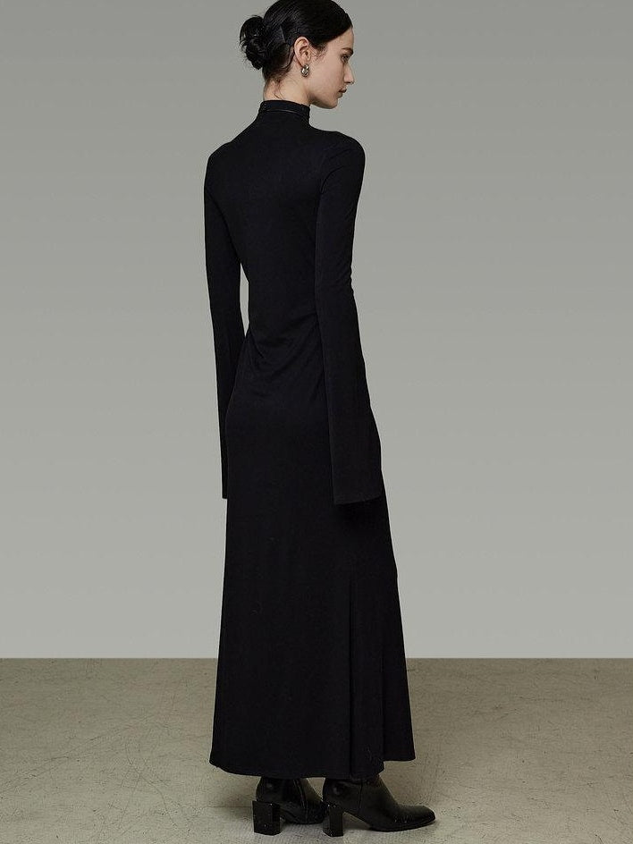 unspoken Soft Breathable Viscose Knit High Waist Aline Slim Black Maxi Dresses