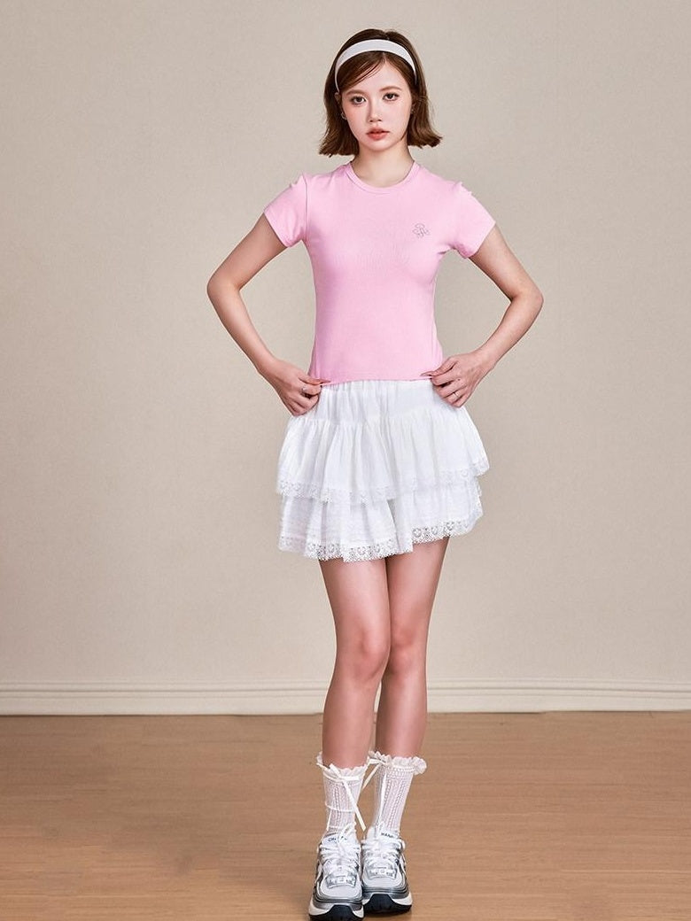 ikyou Pure Cotton Embroidered Slim Fit Short Sleeve Crew Neck Casual Basic Crop Tops
