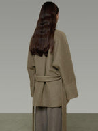 unspoken Minimal Patchwork Loose Fit V-neck Tie Closure Women Commuter Wool Coats