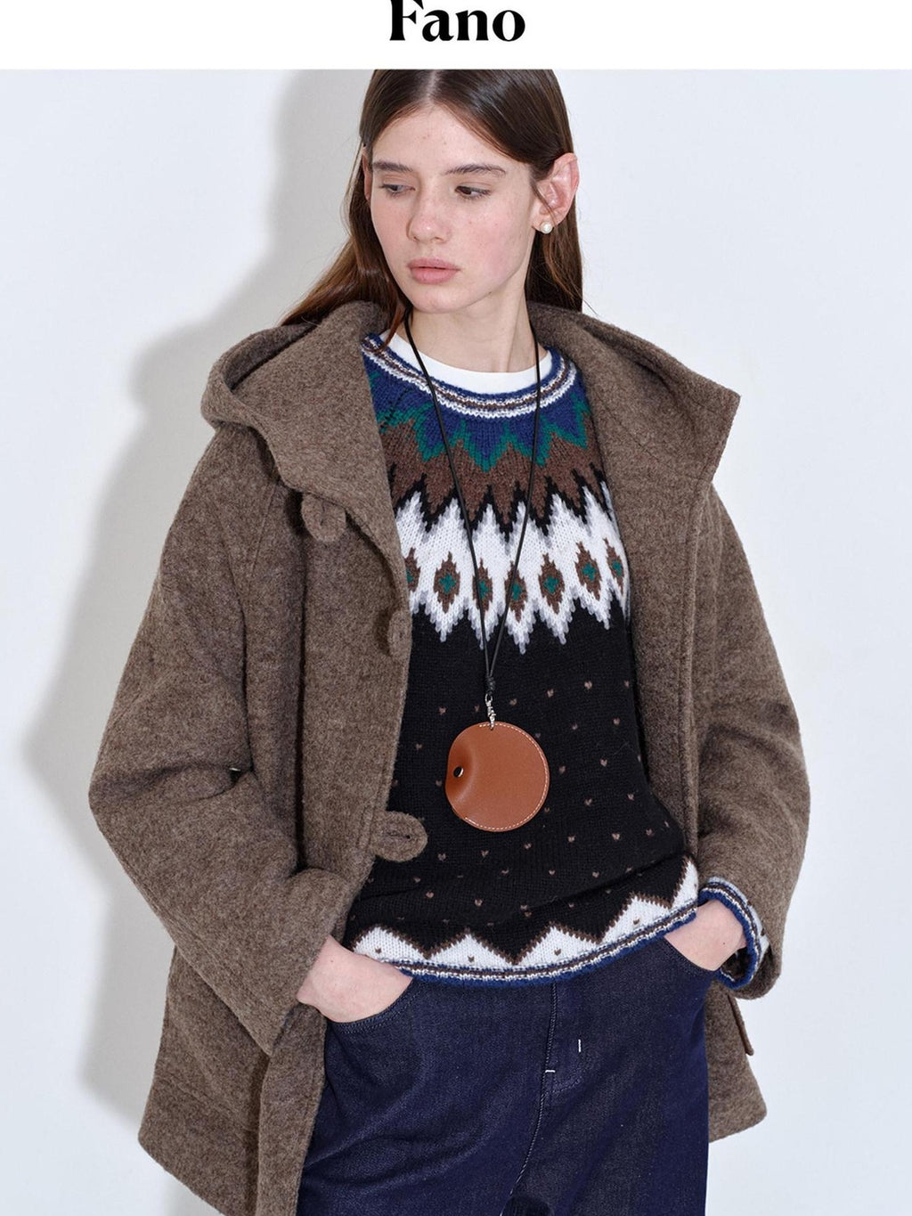 fano 75 Wool 25 Polyester Hooded Loose Fit Korean Commuter Brown Wool Coats