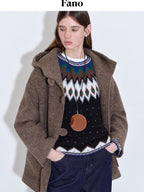 fano 75 Wool 25 Polyester Hooded Loose Fit Korean Commuter Brown Wool Coats