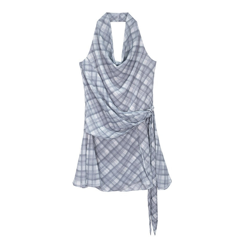 someonesometimes Lightweight Halter Tie Plaid Office Regular Fit Cornflower Blue Midi Dresses