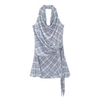 someonesometimes Lightweight Halter Tie Plaid Office Regular Fit Cornflower Blue Midi Dresses