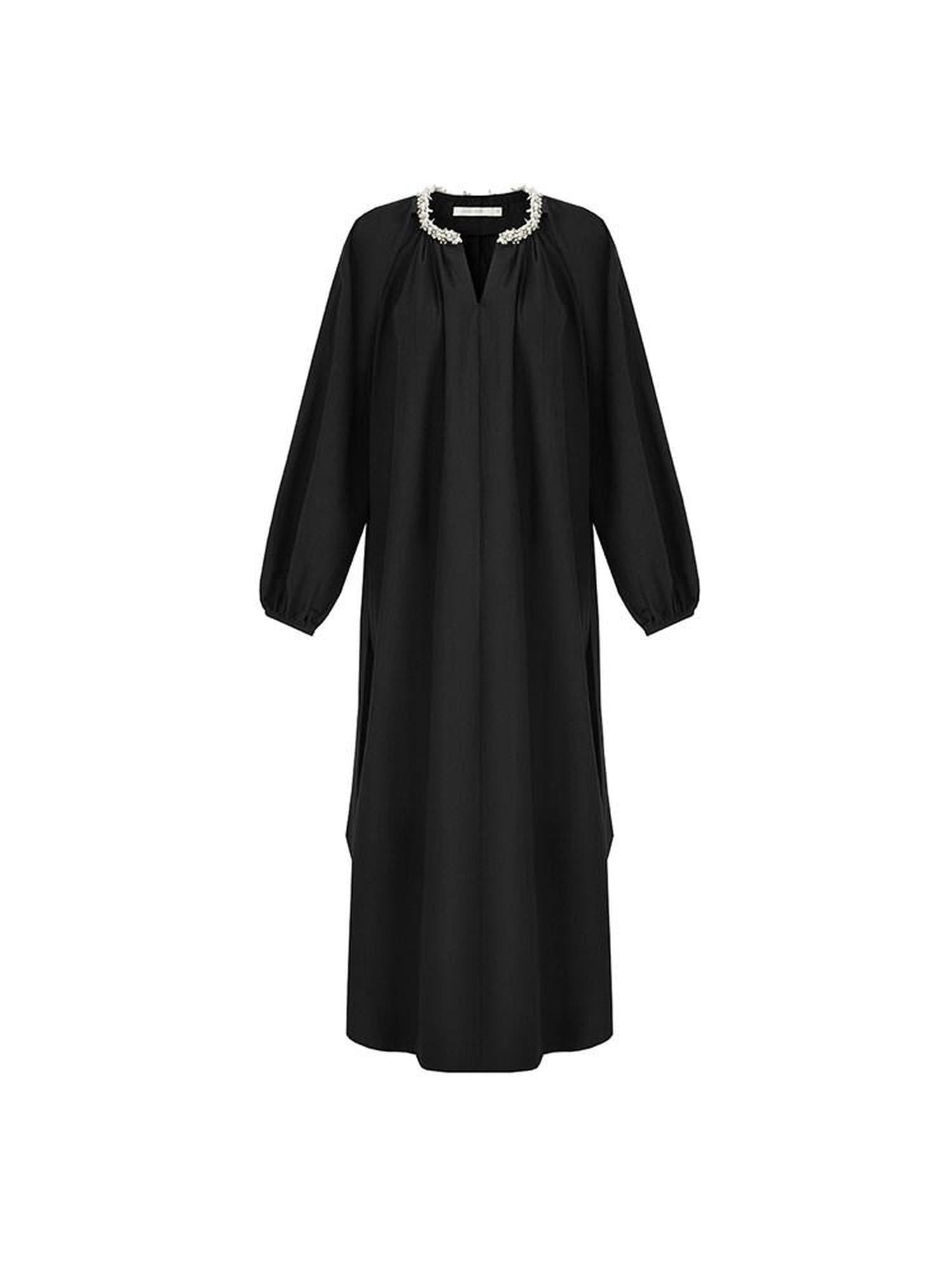unspoken Cotton Loose Waist Minimalist V-neck Long Sleeve Casual Black Maxi Dresses