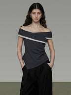 unspoken Slim Minimalist Colorblock Office Bardot Sleeveless Off Shoulder Crop Tops