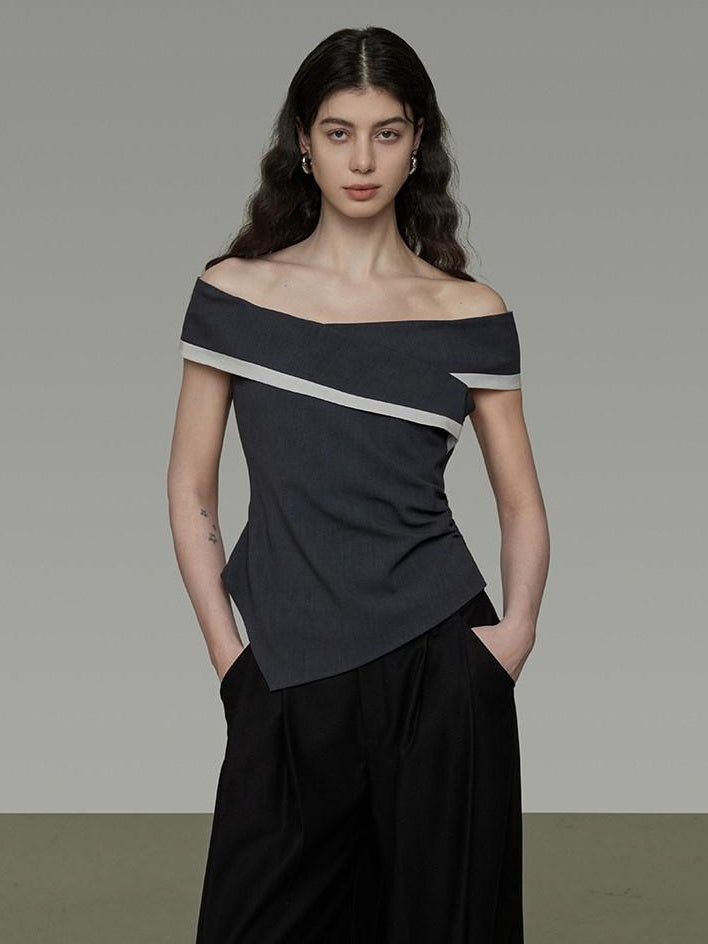 unspoken Slim Minimalist Colorblock Office Bardot Sleeveless Off Shoulder Crop Tops