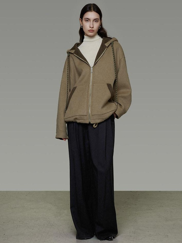 unspoken Premium Sheepswool Minimal Commuter Loose Fit Hooded Zip For Women Wool Coats