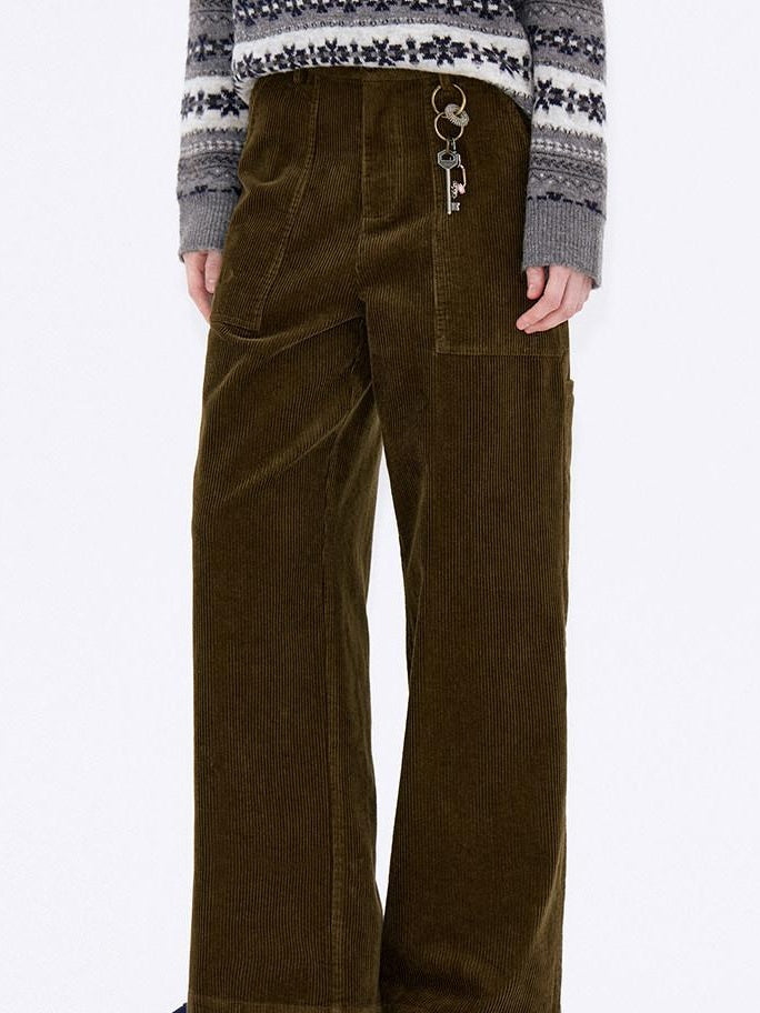 fano Breathable Cotton Vintage Straight Natural Waist Large Pockets Wide Leg Pants