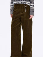 fano Breathable Cotton Vintage Straight Natural Waist Large Pockets Wide Leg Pants