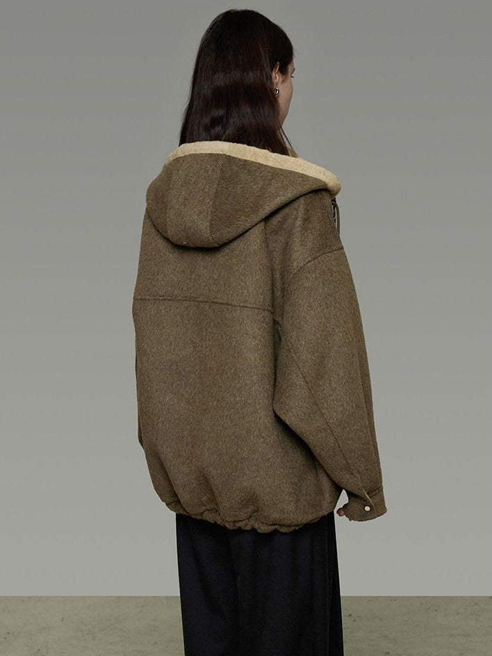 unspoken Premium Sheepswool Minimal Commuter Loose Fit Hooded Zip For Women Wool Coats