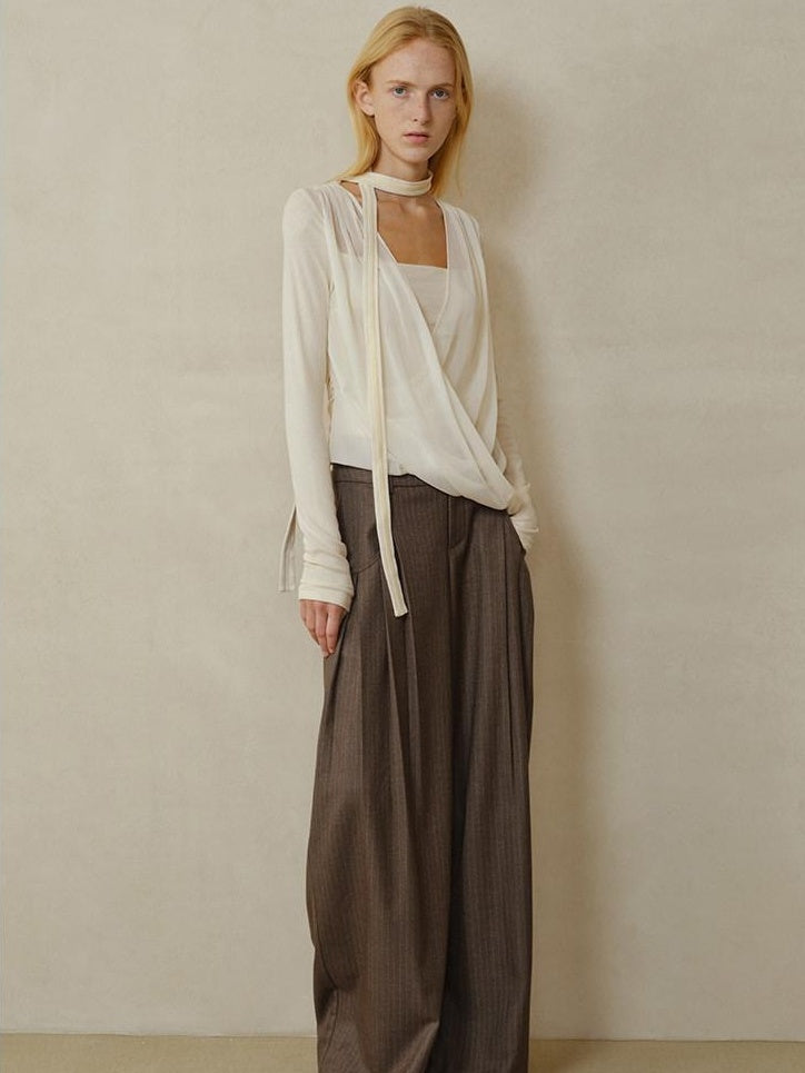 someonesometimes Shape Retaining Pleated Natural Waist Brown Striped Poly Stretch Wide Leg Pants