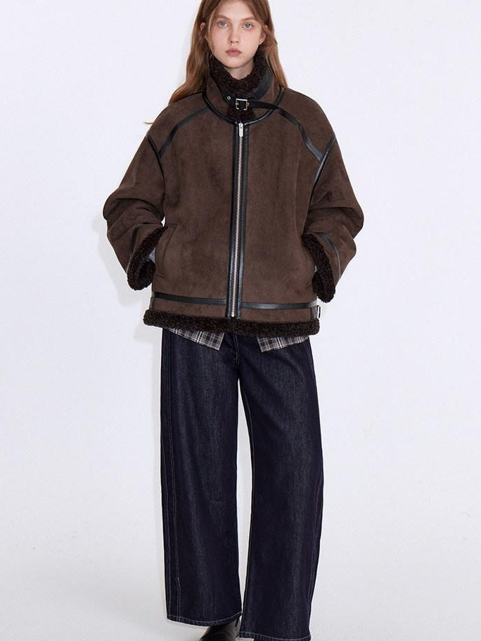 fano Chocolate Brown Fur Lined Stand Collar Loose Fit Casual Women Zip Bomber Jackets