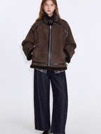 fano Chocolate Brown Fur Lined Stand Collar Loose Fit Casual Women Zip Bomber Jackets