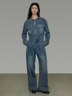 unspoken High Waisted Wide Leg Cotton Blend Office Commuter Blue Top & Pants Sets