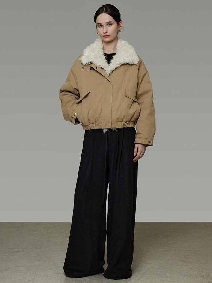 unspoken Thick Cotton Padded Patchwork Cropped Loose Commuter Khaki Puffer Jackets