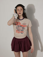 Lofi choose Cotton Floral Printed Loose Casual Round Neck Women Blue Short Sleeve T-Shirts