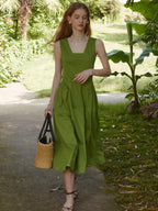 fano Cotton High Waist Pleated Minimal A Line Square Neck Women Maxi Dresses