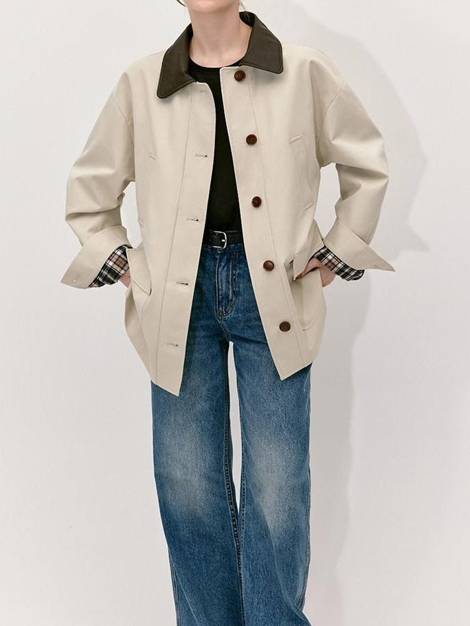 fano Patchwork Loose Fit Korean Casual 100 Percent Cotton Green Khaki Short Coat